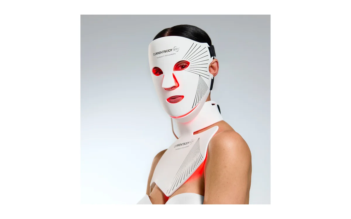 Model wearing the CurrentBody Series 2 face mask and the matching neck and chest mask