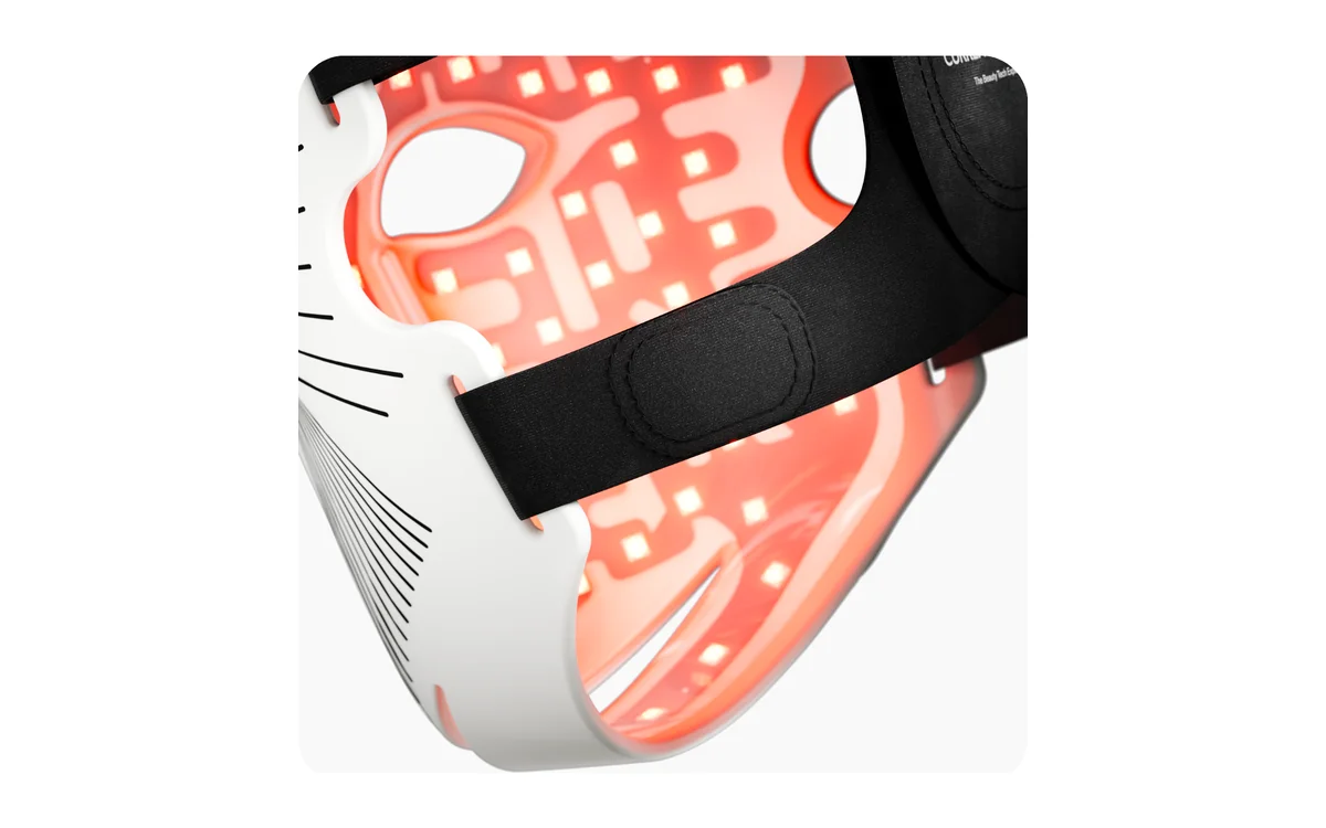 Inside the CurrentBody LED mask Series 2 with its red LEDs lit and the head strap attached