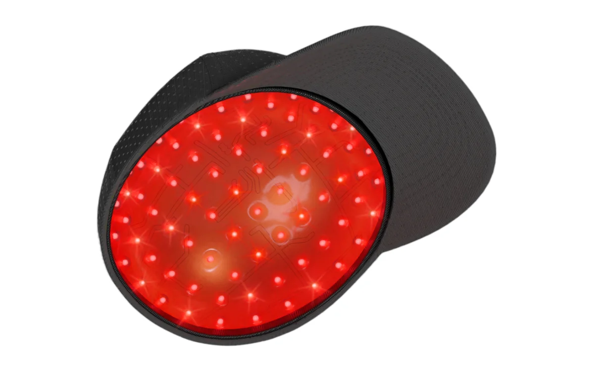 Illumiflow 148 laser cap seen from inside with its 148 red lasers lit