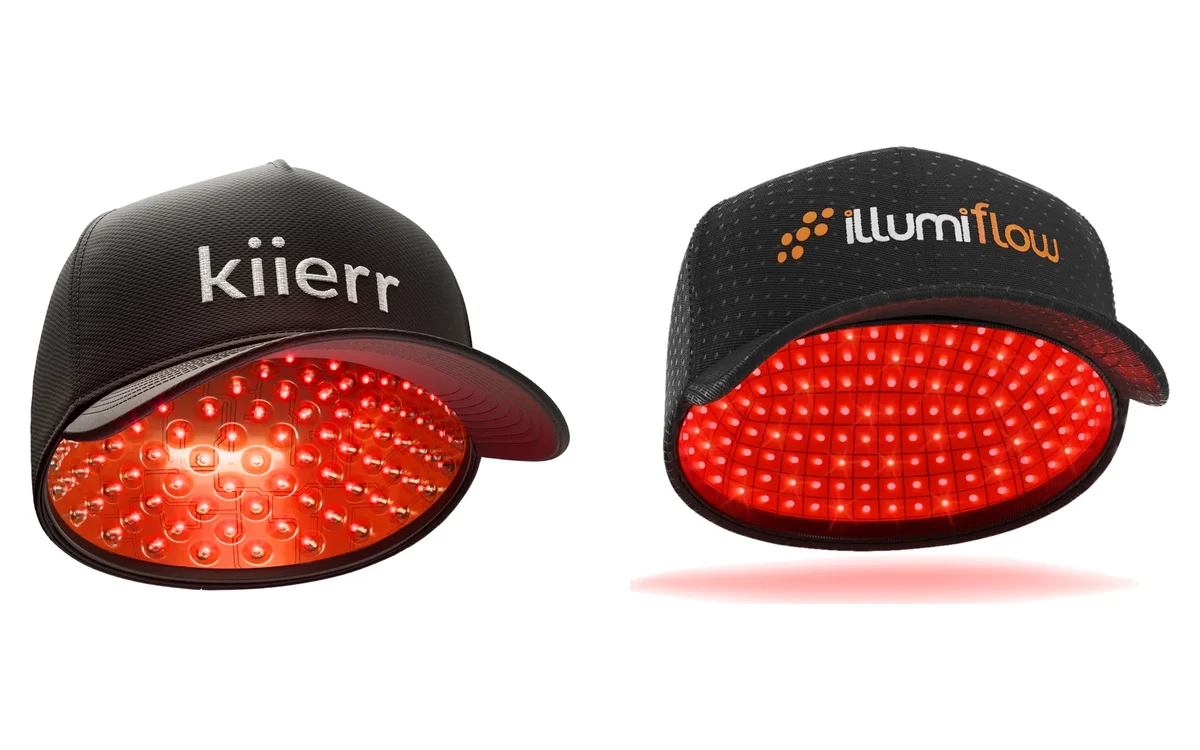 Kiierr 272 Premier laser cap next to the Illumiflow 272 Pro laser cap, both with red laser diodes lit