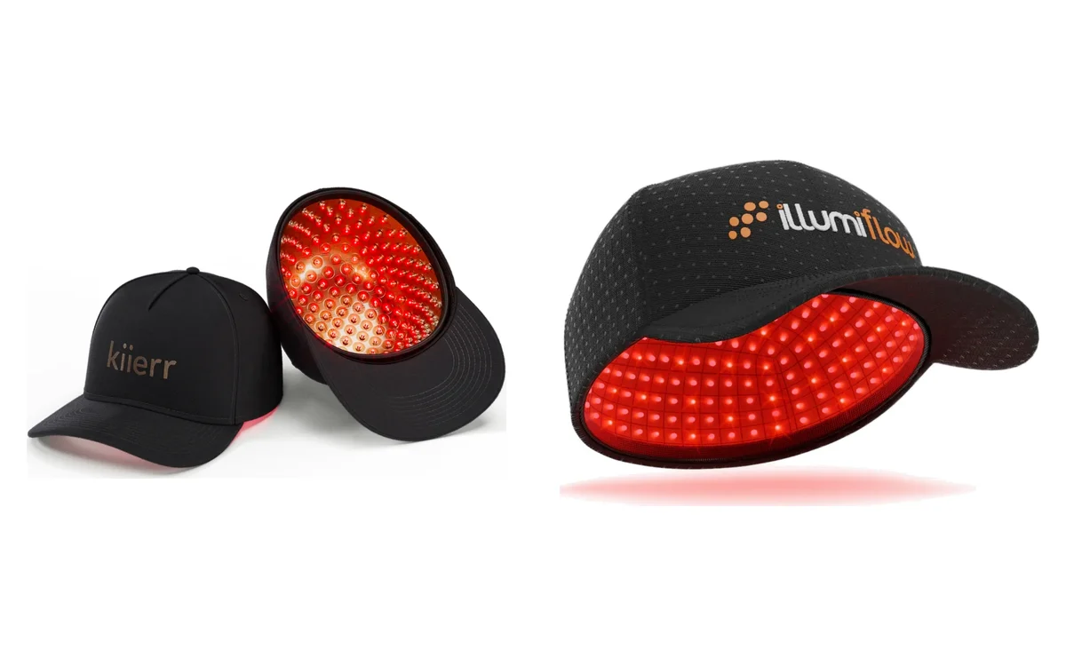 Kiierr 272 DualWave laser cap next to the Illumiflow 312 DualWave laser cap, both with red lasers lit